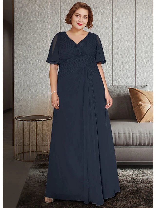 A-Line Mother of the Bride Dress Plus Size Elegant V Neck Ankle Length Chiffon Half Sleeve with Pleats Ruching