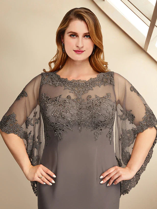 DingjiSheath / Column Plus Size Curve Mother of the Bride Dresses Elegant Dress Formal Floor Length Half Sleeve Jewel Neck Chiffon with Appliques