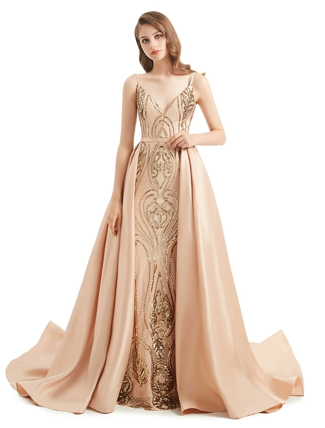 DingjiMermaid / Trumpet Evening Gown Elegant Dress Engagement Detachable Sleeveless V Neck Detachable Sequined with Sequin