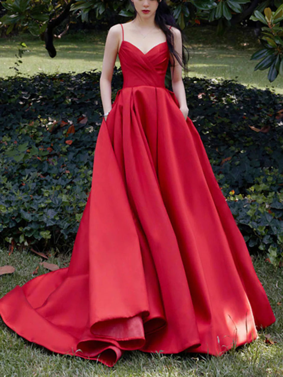 V Neck Satin Long Prom Dress Red Formal Graduation Dresses
