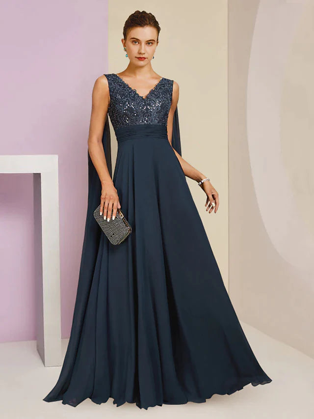 Sheath / Column Mother of the Bride Dress Formal Party Elegant V Neck Floor Length Chiffon Lace Sleeveless with Pleats Sequin