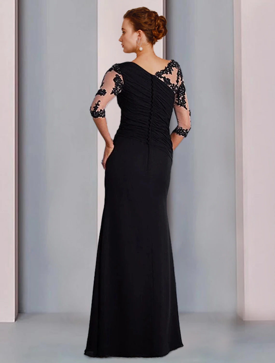 Sheath / Column Mother of the Bride Dress Formal Wedding Guest Elegant Jewel Neck Floor Length Chiffon Lace 3/4 Length Sleeve with Beading Appliques