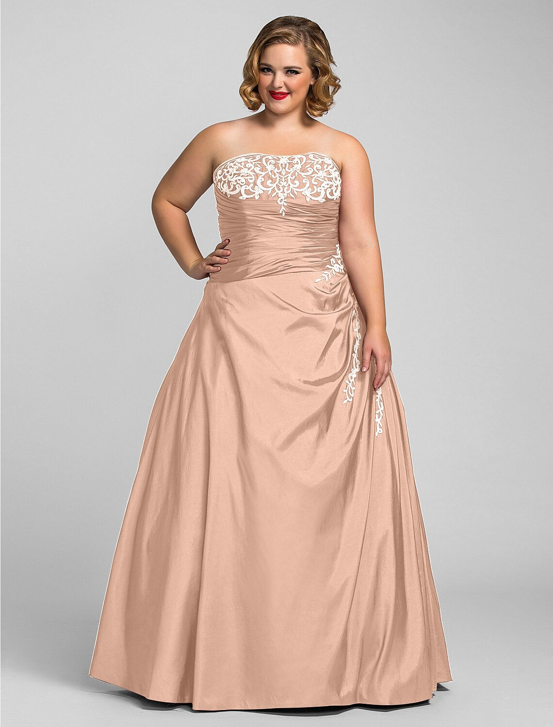 Ball Gown Plus Size Prom Formal Evening Dress Strapless Sleeveless Floor Length Taffeta with Beading Appliques