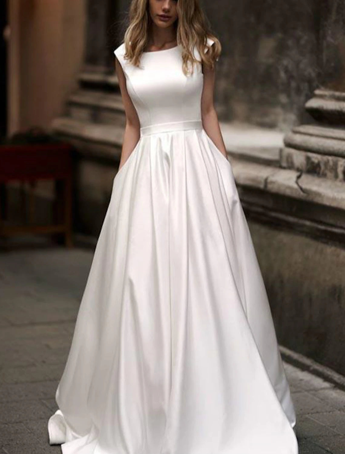 Hall Casual Wedding Dresses A-Line Scoop Neck Cap Sleeve Court Train Satin Bridal Gowns With Pleats Summer Fall Wedding Party , Women's Clothing