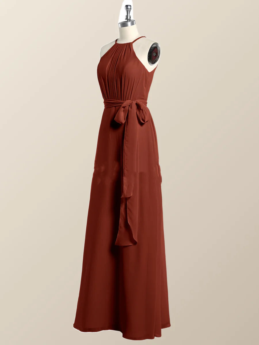Halter Burgundy Chiffon A-line Long Bridesmaid Dress