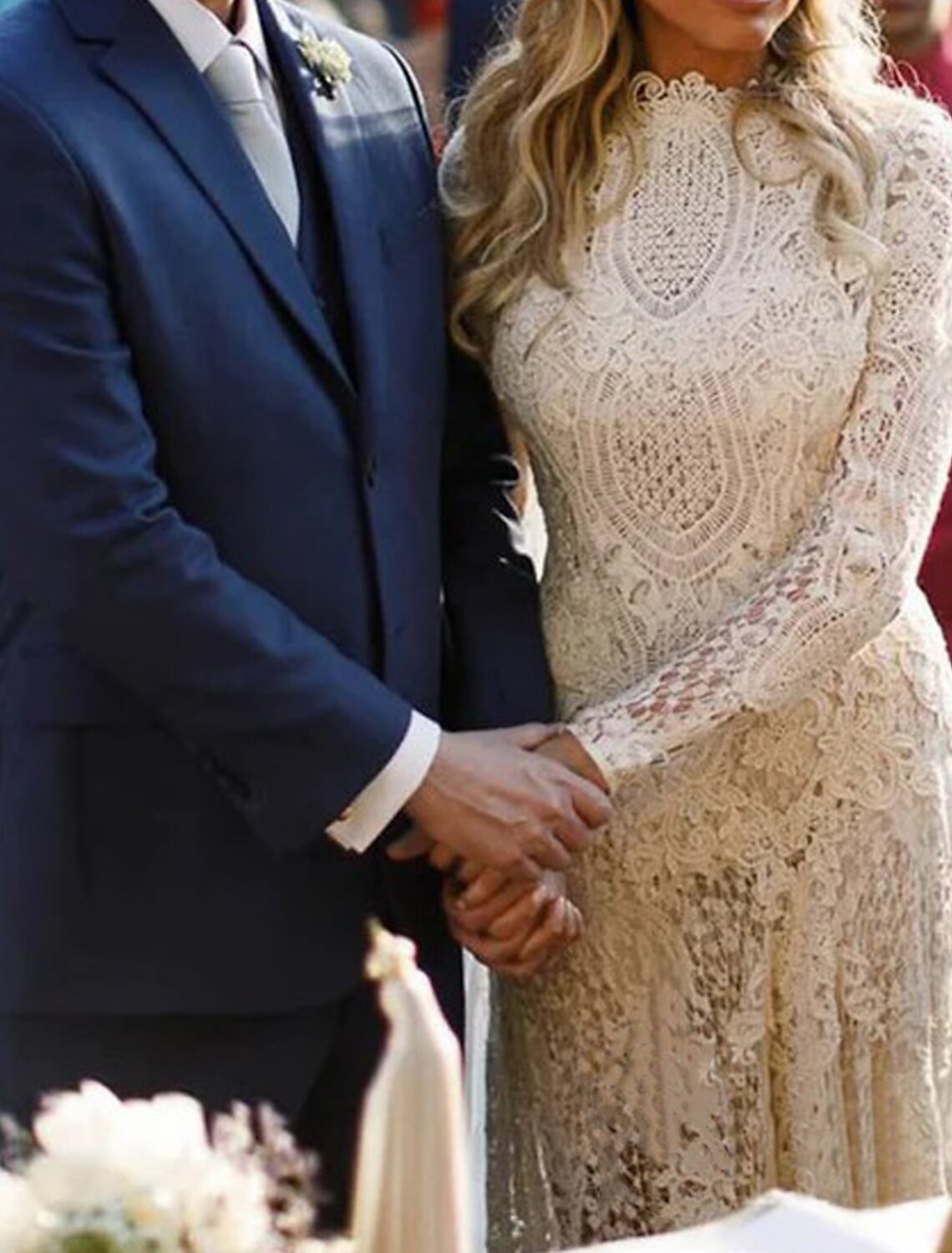 Beach Open Back Boho Wedding Dresses Sheath / Column High Neck Long Sleeve Court Train Lace Bridal Gowns With Appliques Solid Color