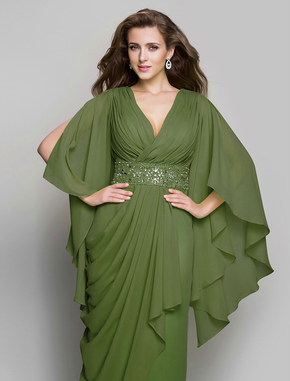 Sheath / Column Elegant Dress Wedding Guest Formal Evening Floor Length Long Sleeve V Neck Chiffon V Back with Crystals Side Draping