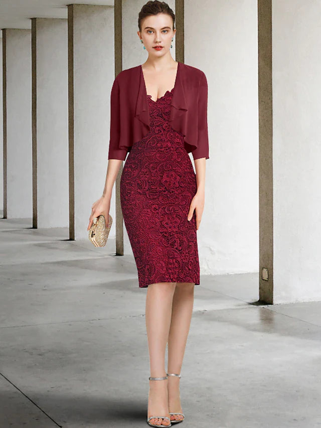 Two Piece Sheath / Column Mother of the Bride Dress Formal Wedding Guest Party Elegant Off Shoulder Knee Length Chiffon Lace Short Sleeve with Appliques