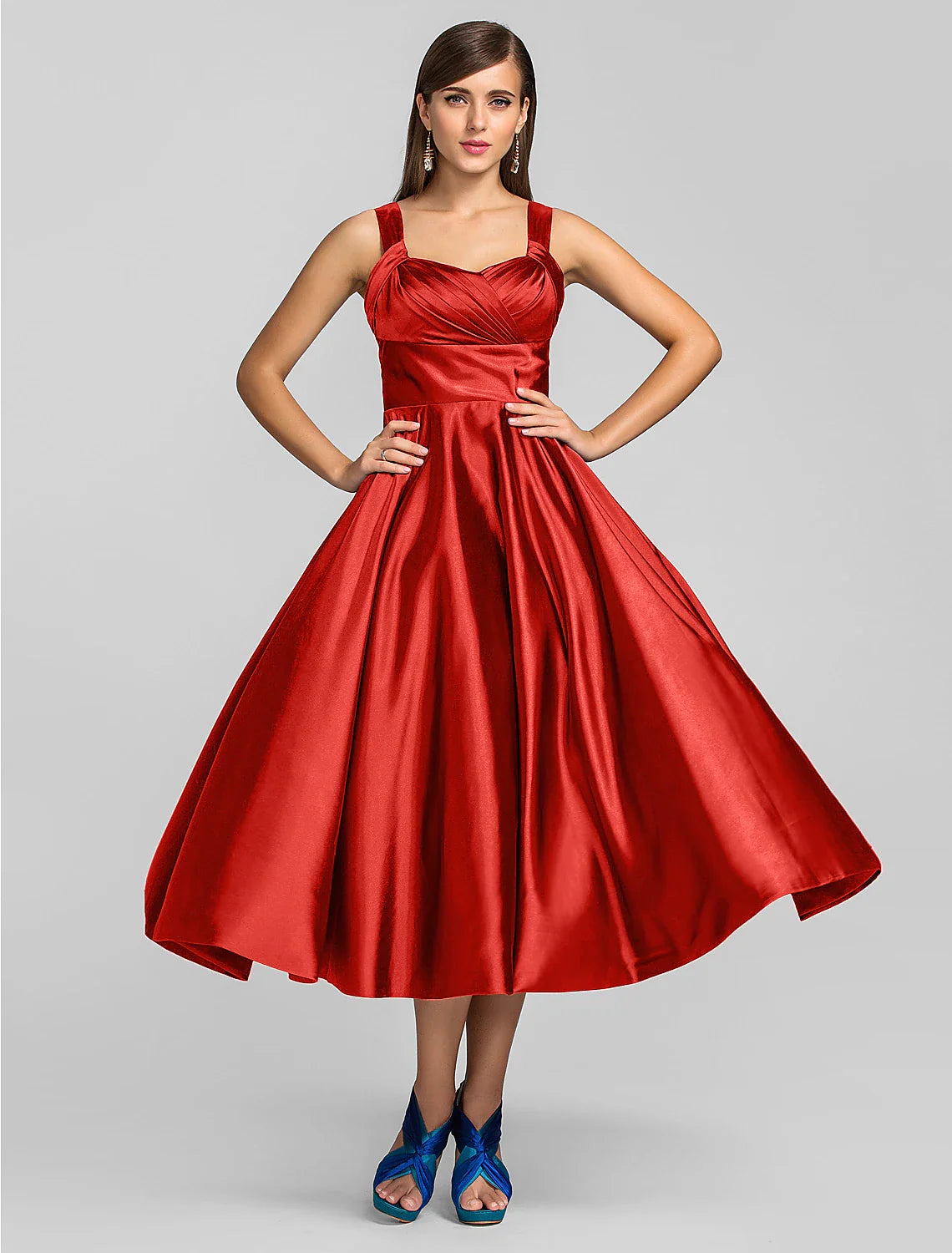 DingjiA-Line Minimalist Dress Wedding Guest Cocktail Party Tea Length Sleeveless Square Neck Stretch Satin with Criss Cross