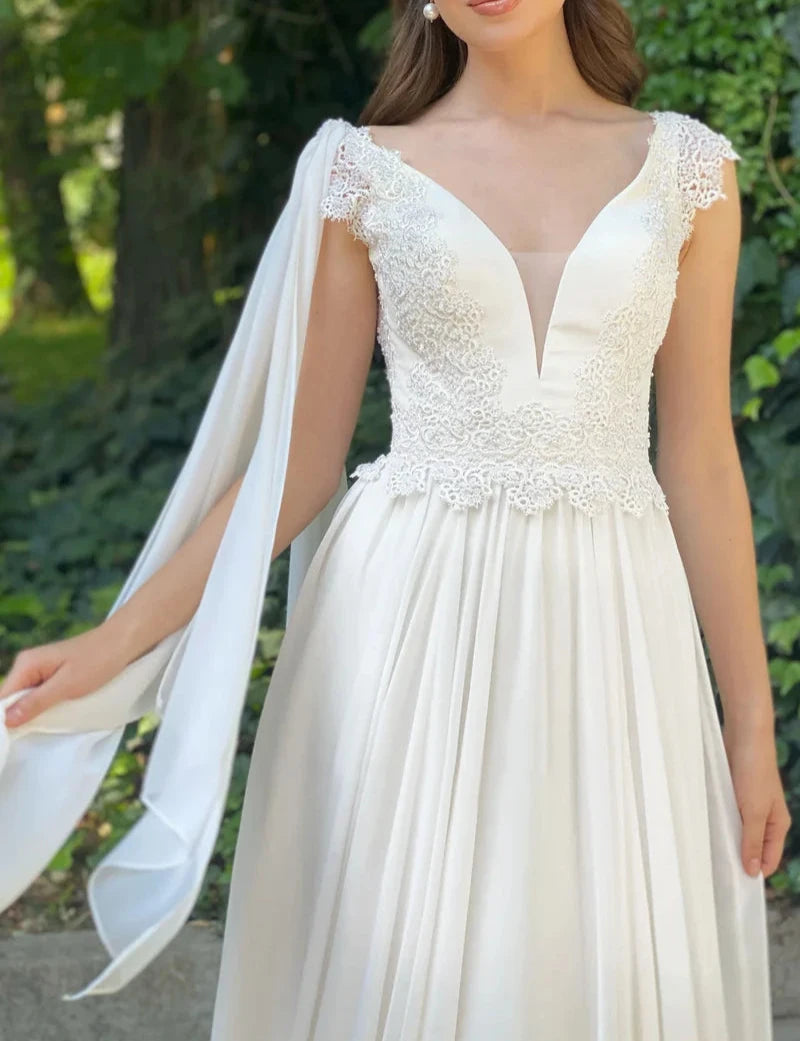 A Line V-neck Chiffon Court Train Wedding Dress with Ruching
