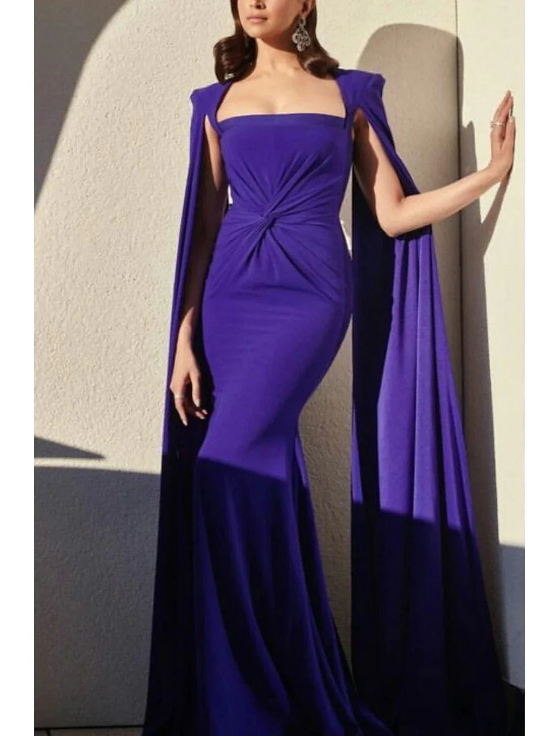 A-Line Evening Gown Elegant Cape Dress Formal Wedding Guest Sweep / Brush Train Sleeveless Square Neck Stretch Fabric with Pleats Ruched