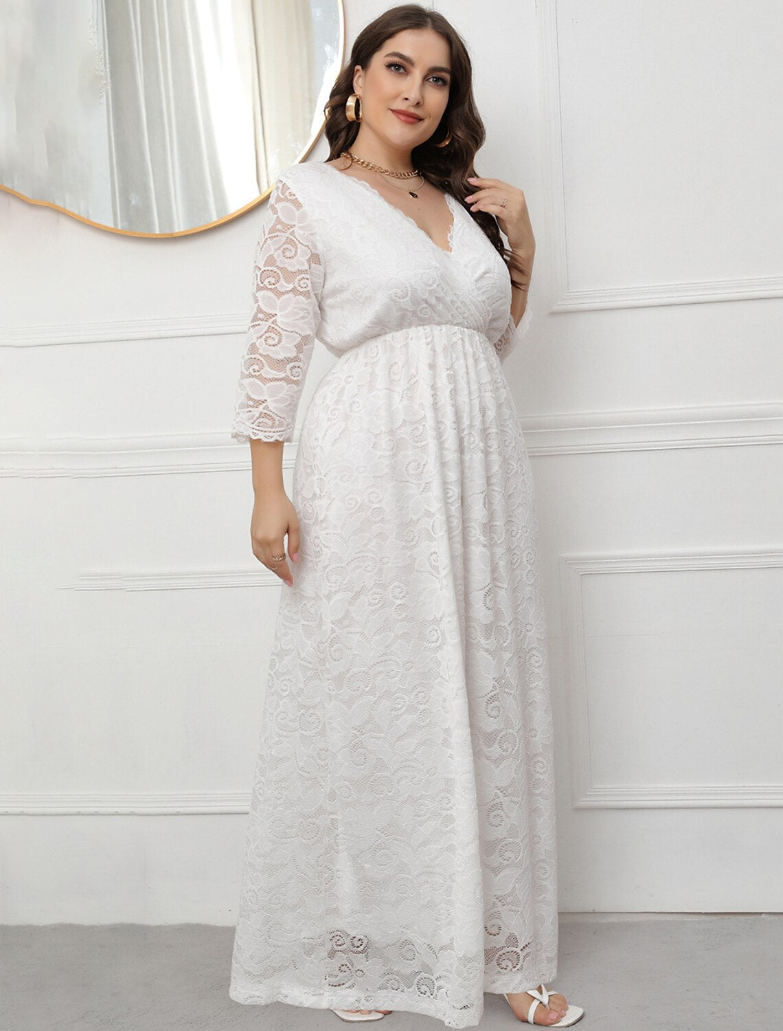 A-Line Evening Gown Vintage Dress Party Wear Formal Evening Floor Length 3/4 Length Sleeve V Neck Lace with Sleek Lace Insert