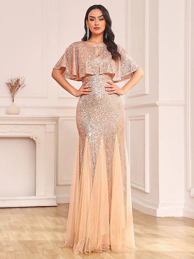 DingjiTwo Piece Mermaid / Trumpet Party Dresses Sparkle & Shine Dress Prom Floor Length Sleeveless V Neck Capes Tulle V Back with Sequin Shawl