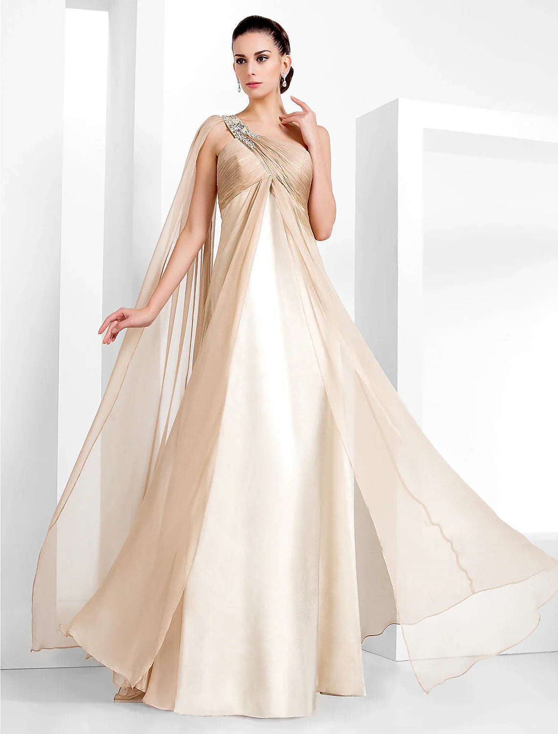 DingjiSheath / Column Elegant Formal Evening Black Tie Gala Dress One Shoulder Sleeveless Floor Length Chiffon with Criss Cross Crystals