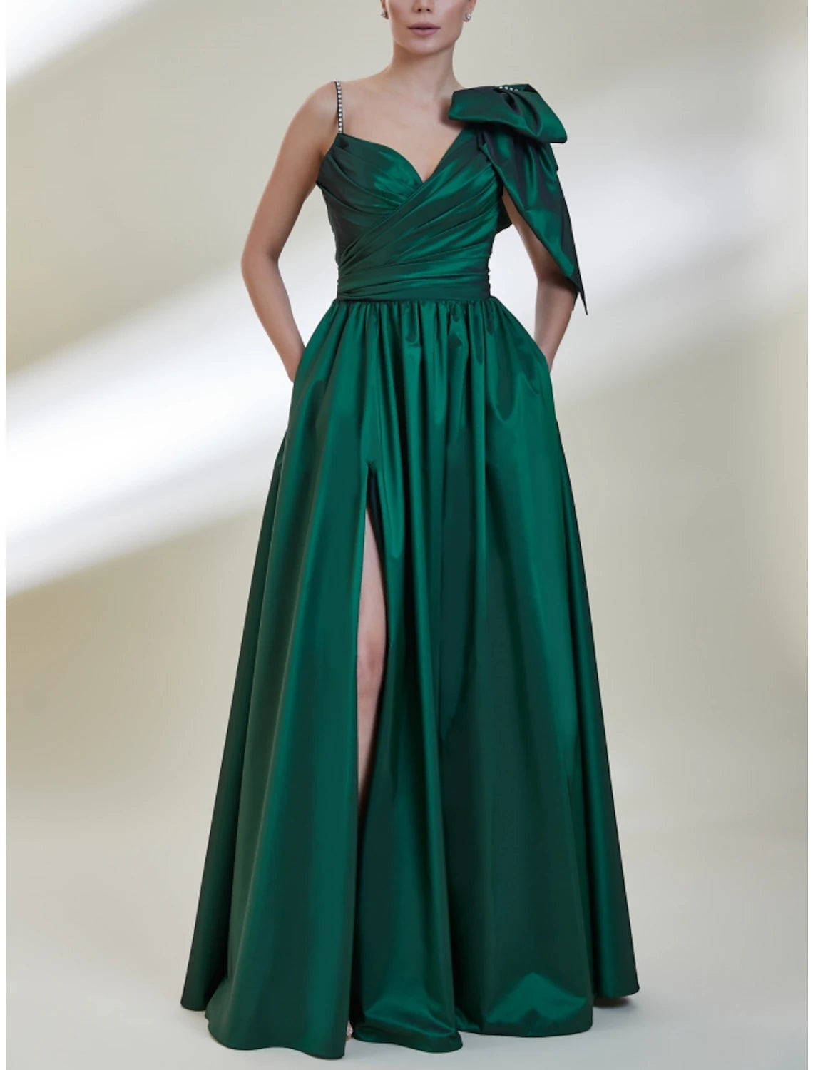 A-Line Prom Dresses Elegant Dress Formal Floor Length Sleeveless Spaghetti Strap Satin with Bow(s) Pleats Slit