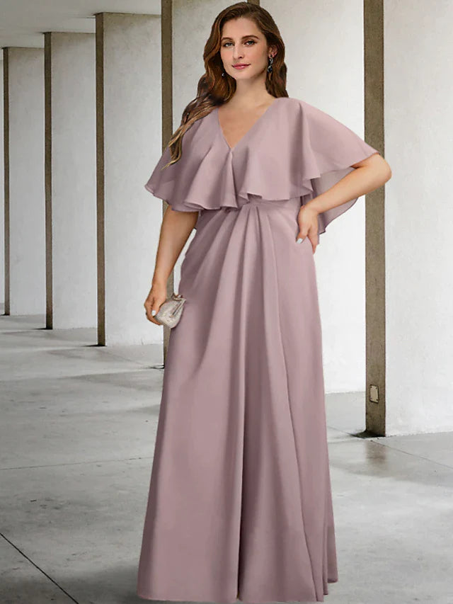 Two Piece A-Line Plus Size Curve Mother of the Bride Dresses Elegant Dress Formal Floor Length Sleeveless V Neck Chiffon with Pleats Ruffles