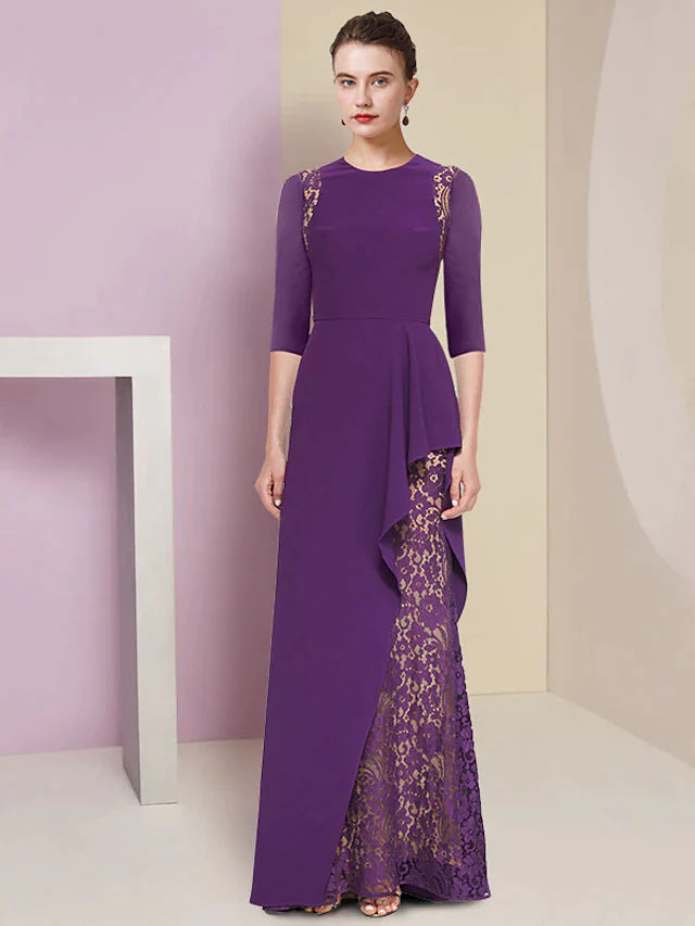 A-Line Mother of the Bride Dress Formal Elegant Scoop Neck Sweep / Brush Train Lace Stretch Fabric Half Sleeve with Pleats