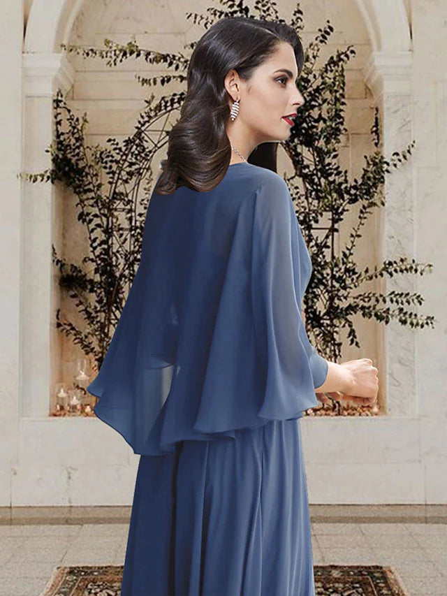 A-Line Mother of the Bride Dress Elegant V Neck Floor Length Chiffon Half Sleeve with Crystal Brooch