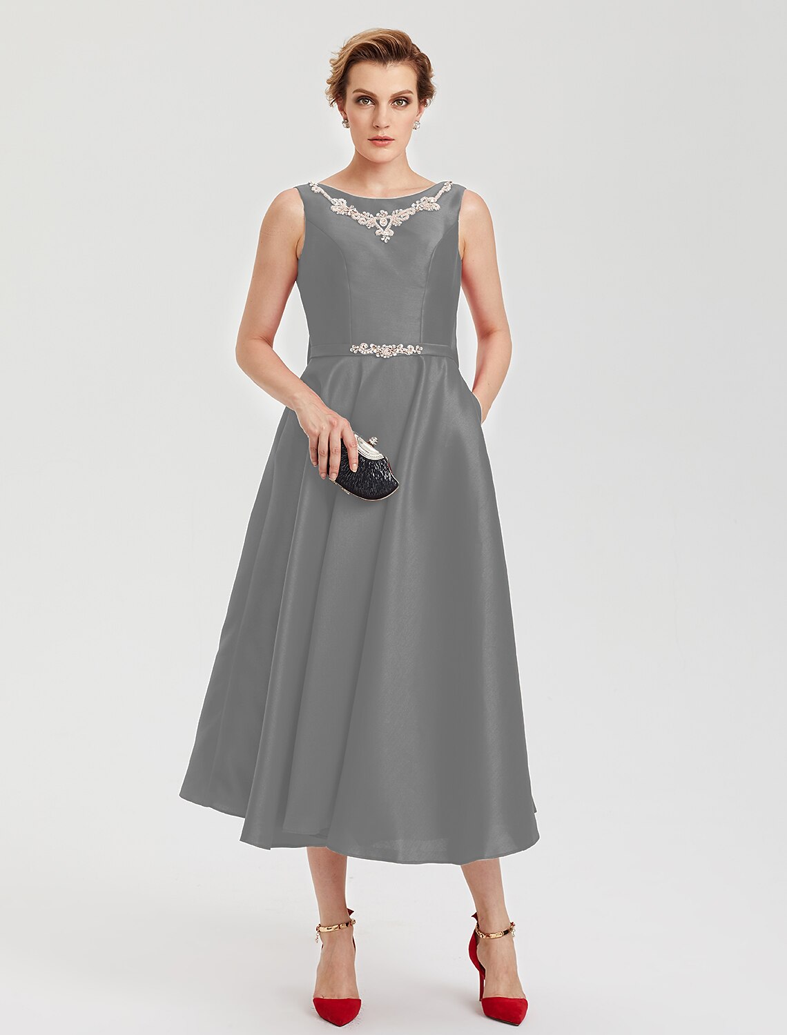 A-Line Elegant Open Back Evening Party Formal Dress Jewel Neck Sleeveless Tea Length Satin with Rhinestone Crystal Sash / Ribbon