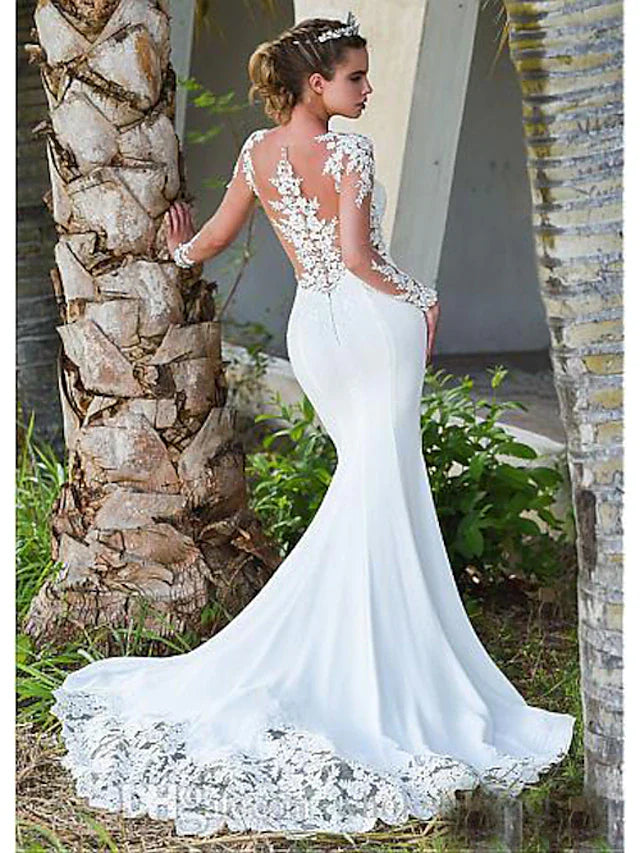 DingjiEngagement Open Back Formal Wedding Dresses Court Train Mermaid / Trumpet Long Sleeve Illusion Neck Crepe With Appliques