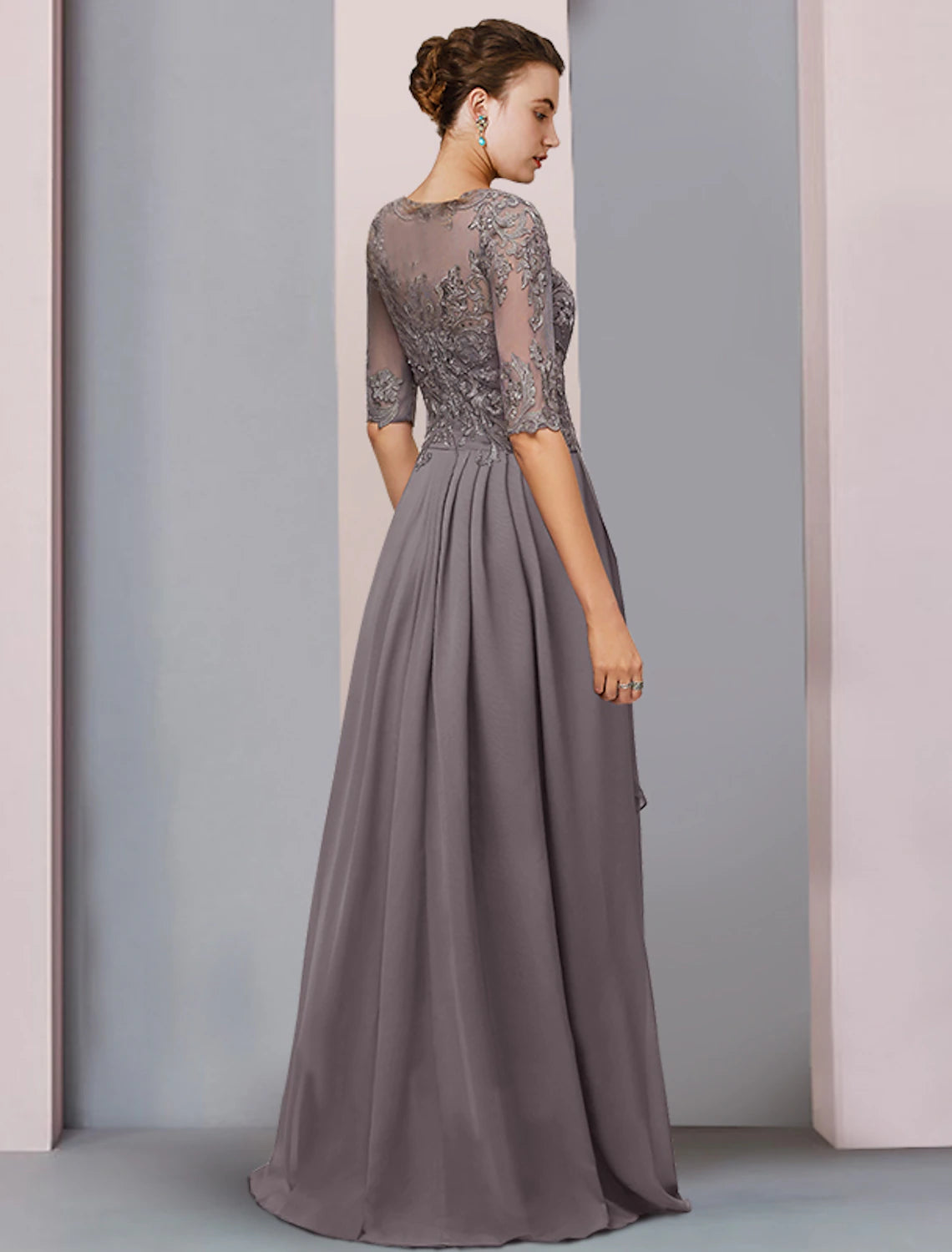 Sheath / Column Mother of the Bride Dress Wedding Guest Elegant Party Scoop Neck Asymmetrical Chiffon Lace Half Sleeve with Pleats