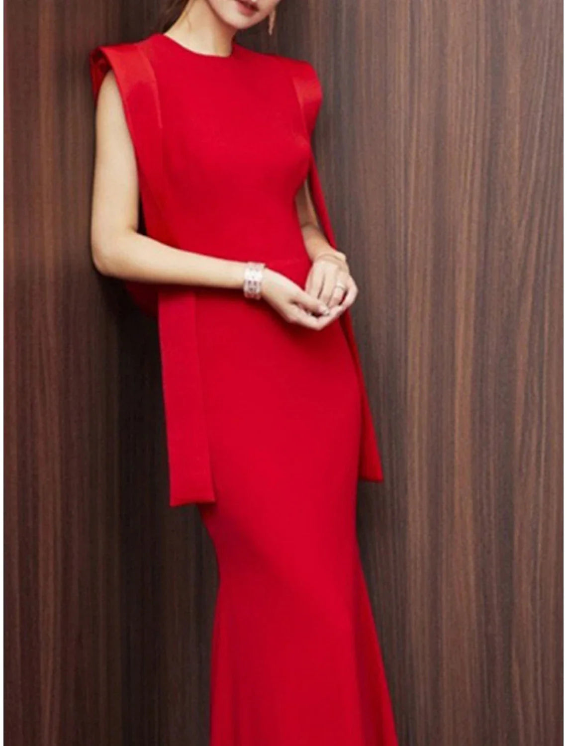 DingjiMermaid / Trumpet Evening Gown Elegant Christmas Red Green Dress Dress Formal Sweep / Brush Train Sleeveless Jewel Neck Stretch Fabric with Pleats