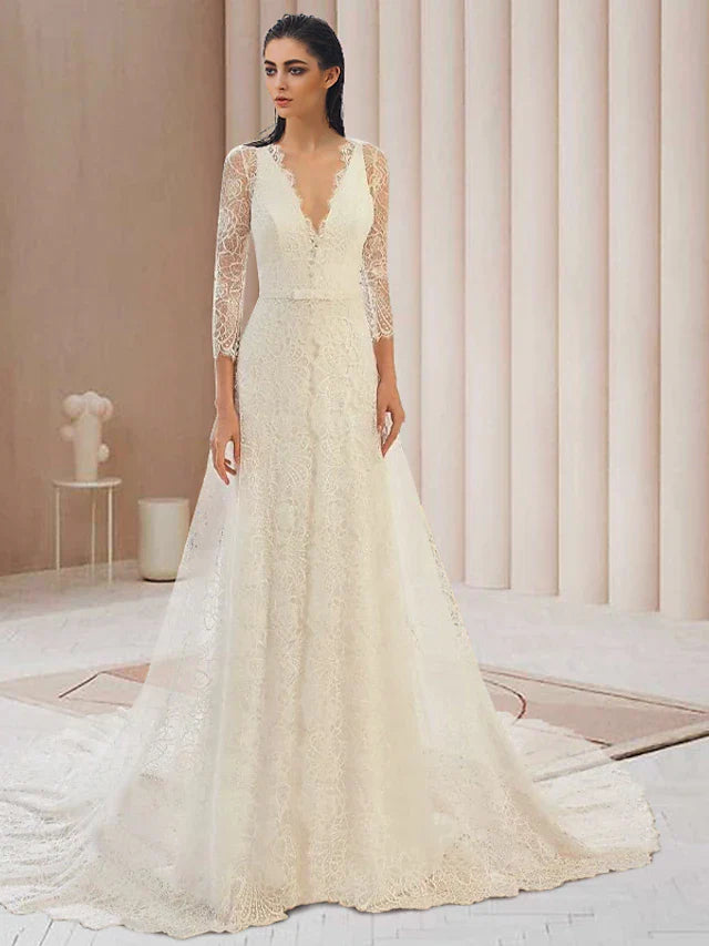 DingjiEngagement Open Back Formal Wedding Dresses Court Train Two Piece Long Sleeve V Neck Lace With Bow(s)