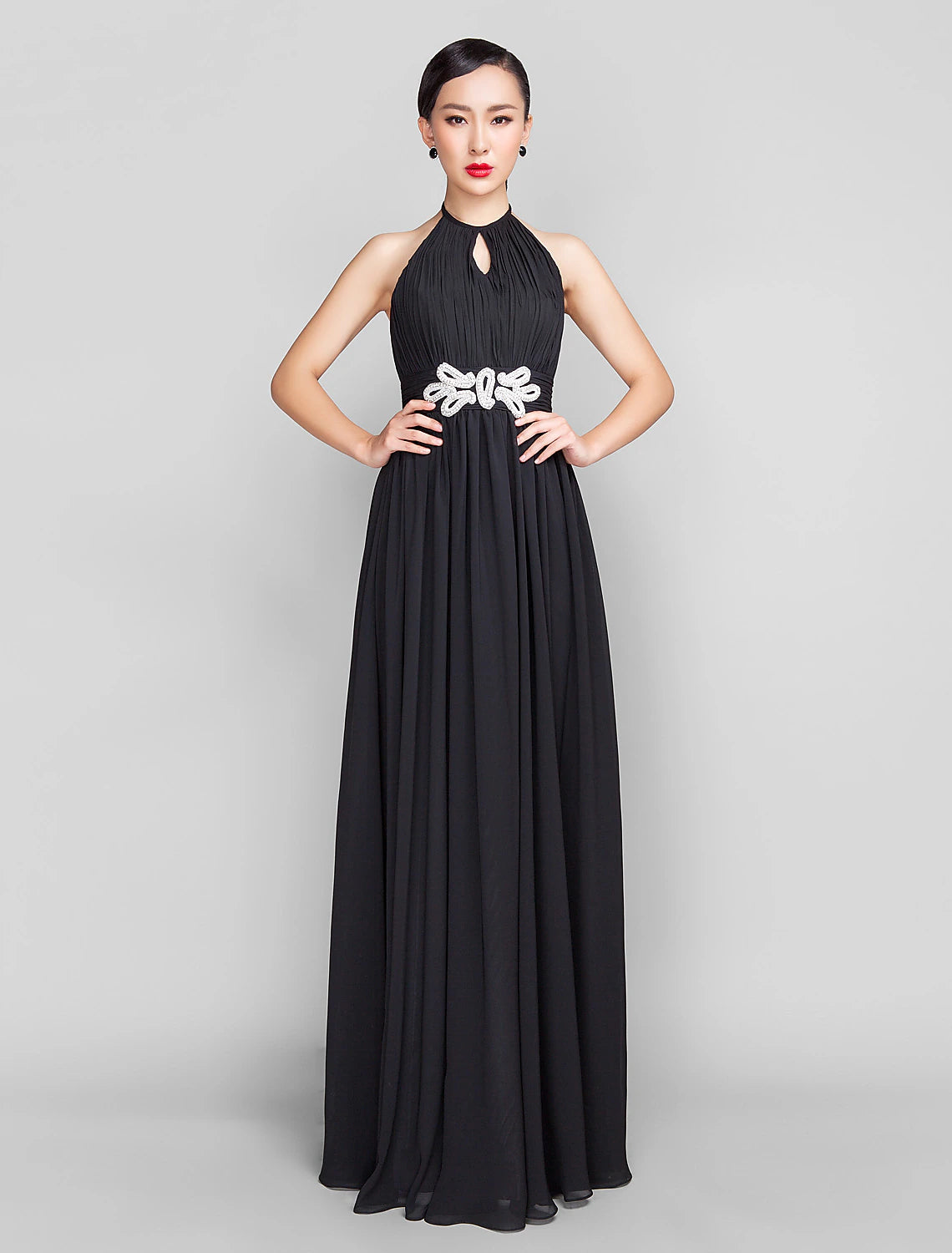 A-Line Open Back Keyhole Formal Evening Wedding Party Military Ball Dress High Neck Sleeveless Floor Length Chiffon with Beading