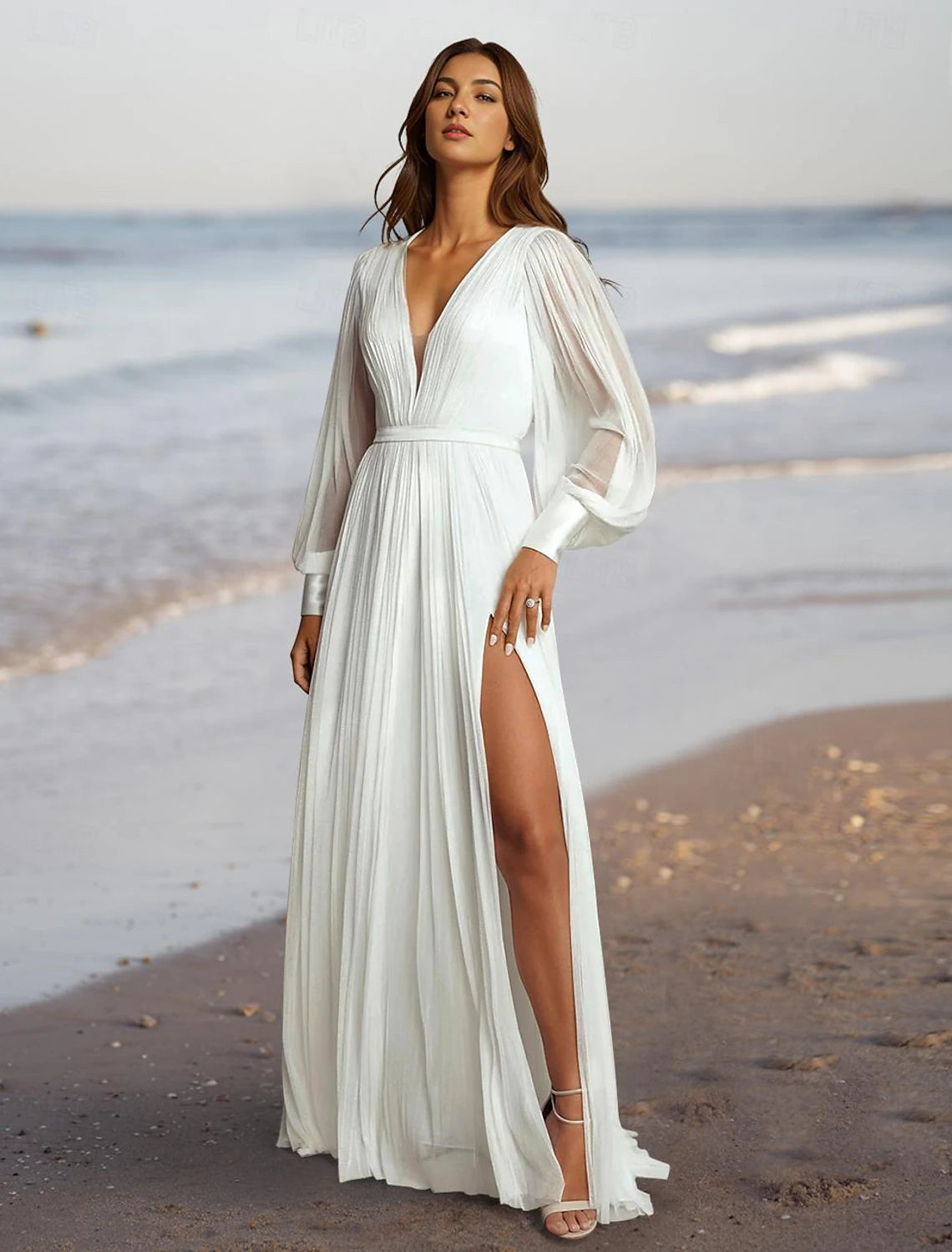 Beach Little White Dresses Wedding Dresses A-Line V Neck Long Sleeve Tea Length Chiffon Bridal Gowns With Pleats Solid Color