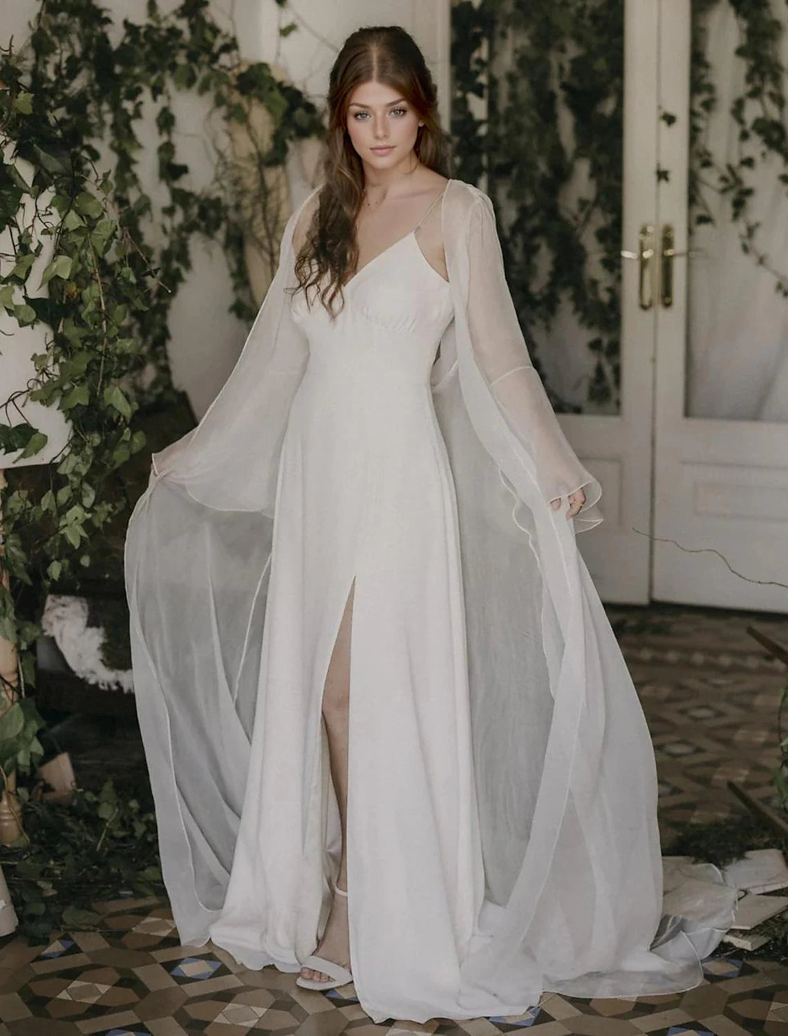 Little White Dresses Wedding Dresses Two Piece Camisole V Neck Spaghetti Strap Sweep / Brush Train Chiffon Bridal Suits Bridal Gowns With Split Front Solid Color