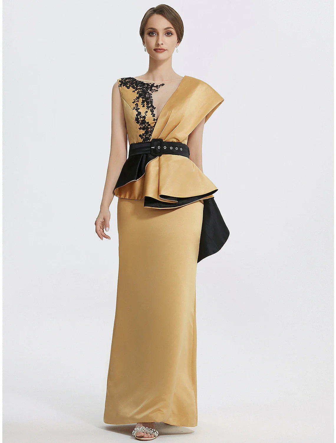 DingjiSheath / Column Evening Gown Elegant Dress Formal Floor Length Sleeveless Jewel Neck Satin with Embroidery Appliques