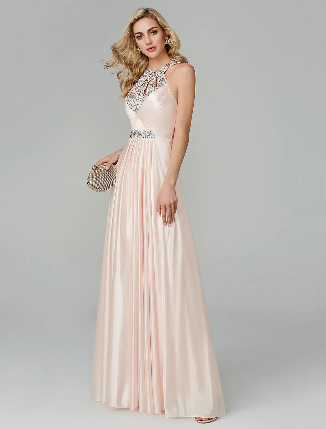 DingjiA-Line Little Black Dress Dress Party Wear Wedding Guest Floor Length Sleeveless Halter Neck Silk Backless with Crystals Sequin