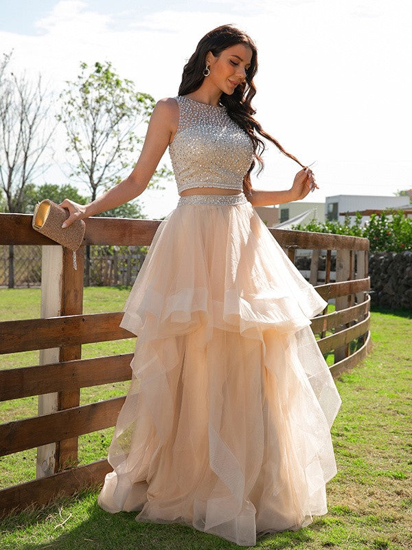 A-Line/Princess Tulle Beading Scoop Sleeveless Floor-Length Two Piece Dresses