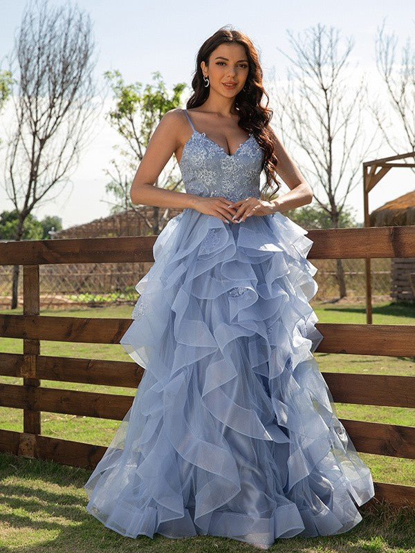 A-Line/Princess Tulle Applique V-neck Sleeveless Floor-Length Dresses