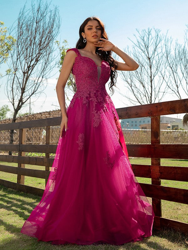 A-Line/Princess Tulle Applique V-neck Sleeveless Floor-Length Dresses