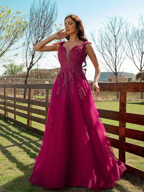 A-Line/Princess Tulle Applique V-neck Sleeveless Floor-Length Dresses