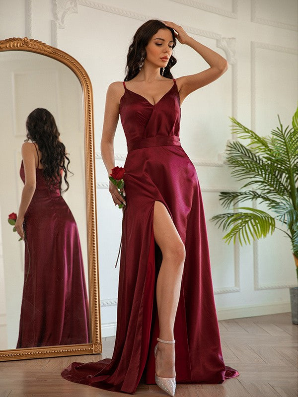 A-Line/Princess Silk like Satin Ruched V-neck Sleeveless Sweep/Brush Train Dresses