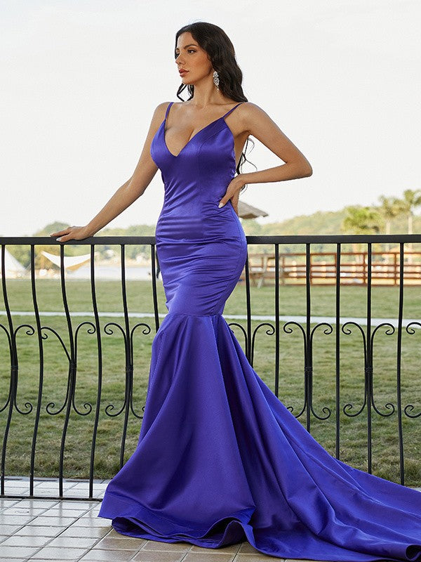 Trumpet/Mermaid Satin Ruffles V-neck Sleeveless Sweep/Brush Train Dresses