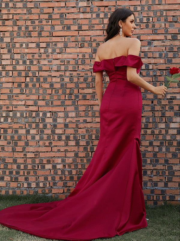 Sheath/Column Satin Ruched Off-the-Shoulder Sleeveless Sweep/Brush Train Dresses