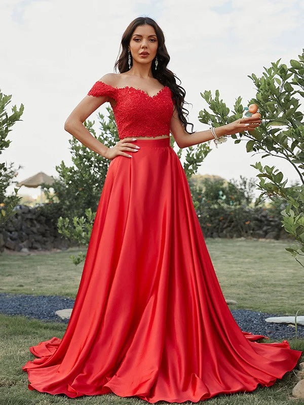 A-Line Princess Silk like Satin Applique Off-the-Shoulder Sleeveless Two Piece Prom Dresses