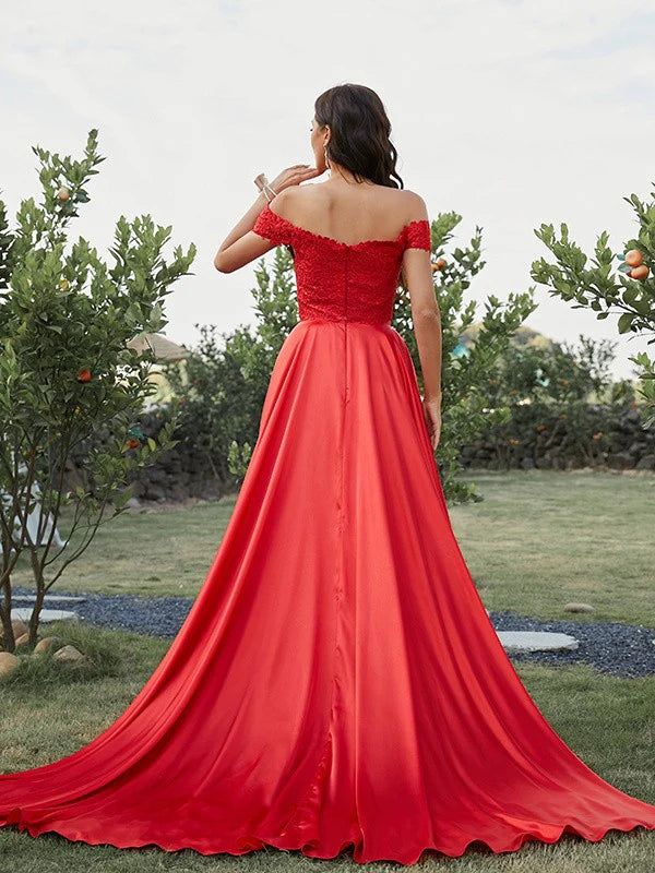 A-Line Princess Silk like Satin Applique Off-the-Shoulder Sleeveless Two Piece Prom Dresses