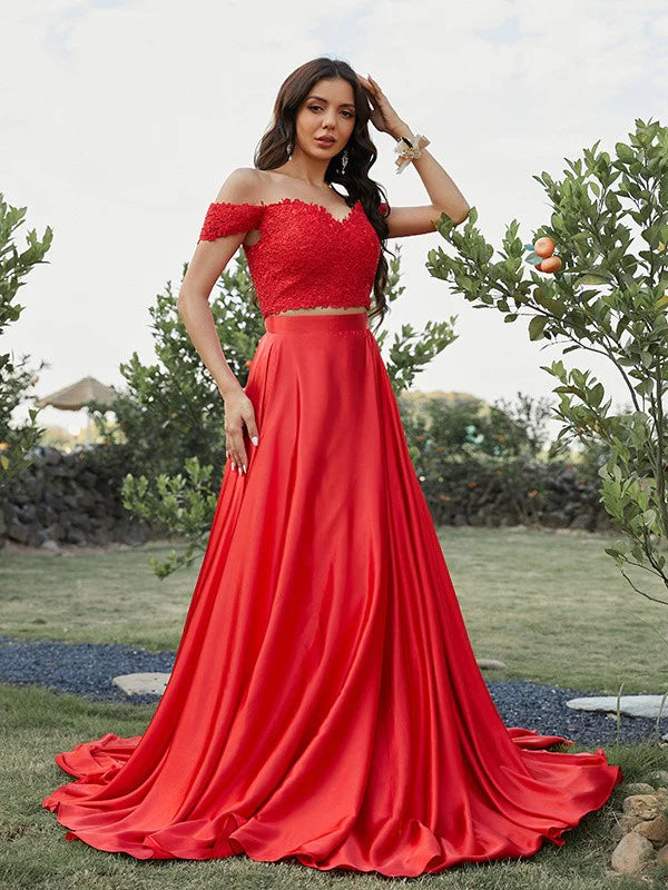 A-Line Princess Silk like Satin Applique Off-the-Shoulder Sleeveless Two Piece Prom Dresses