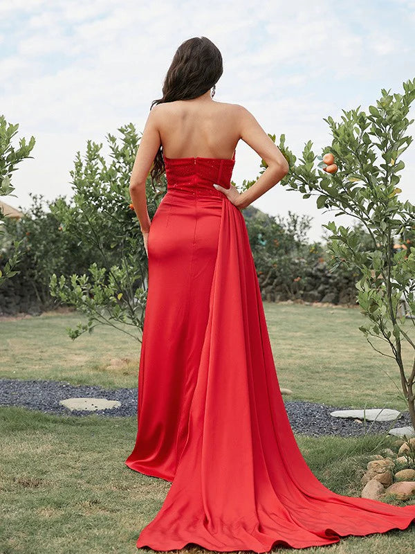 Red Silk like Satin Ruched Strapless Sleeveless Prom Dresses Long