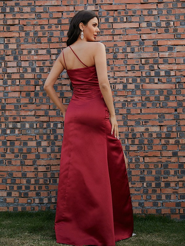 Sheath/Column Satin Ruched One-Shoulder Sleeveless Floor-Length Dresses