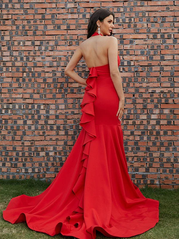 Red Stretch Crepe Ruffles Halter Sleeveless Prom Dresses Long