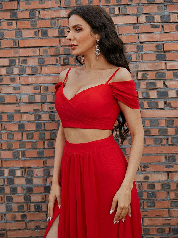 A-Line/Princess Chiffon Ruffles V-neck Sleeveless Sweep/Brush Train Two Piece Dresses