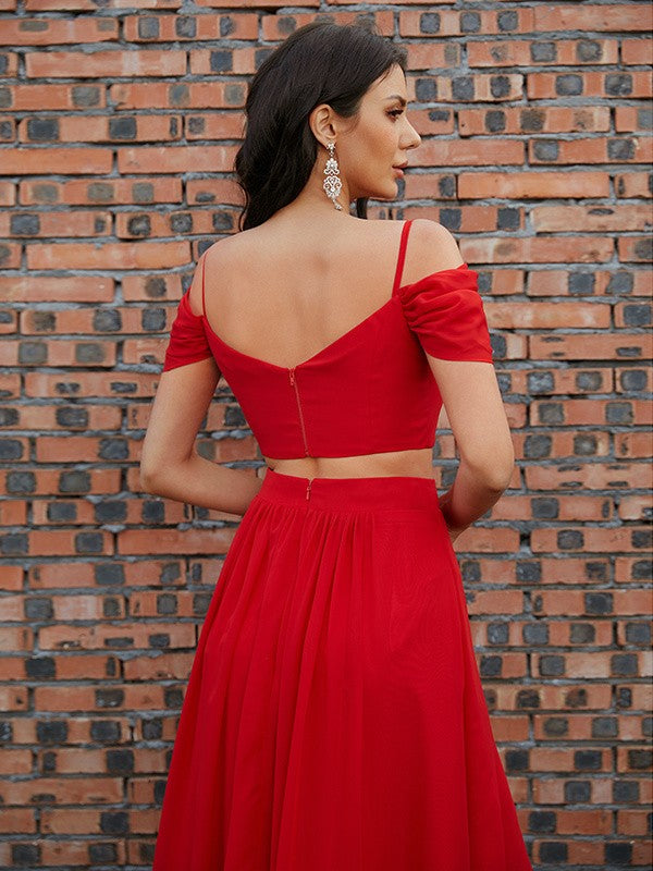 A-Line/Princess Chiffon Ruffles V-neck Sleeveless Sweep/Brush Train Two Piece Dresses