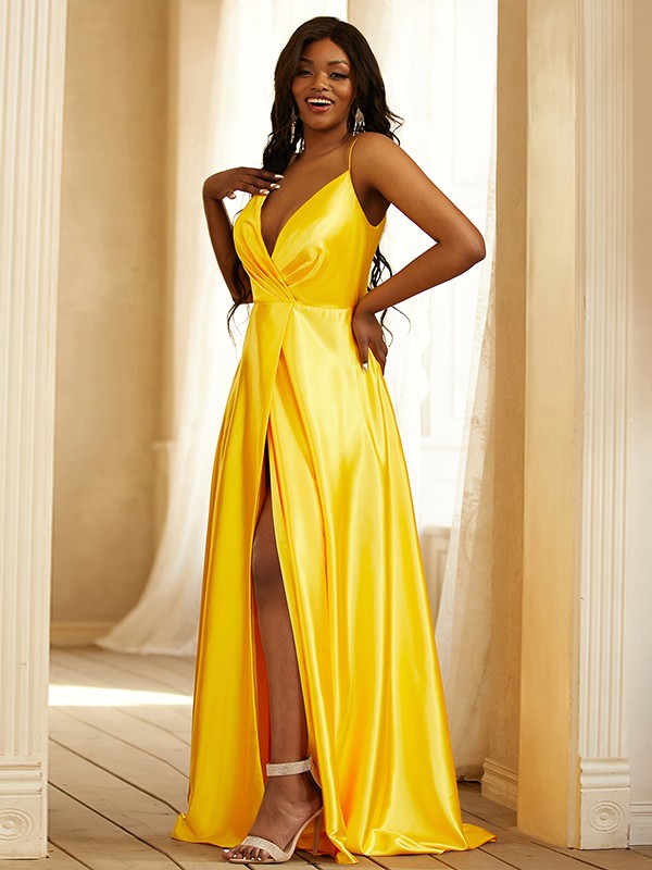 A-Line/Princess Silk like Satin Ruched V-neck Sleeveless Sweep/Brush Train Dresses