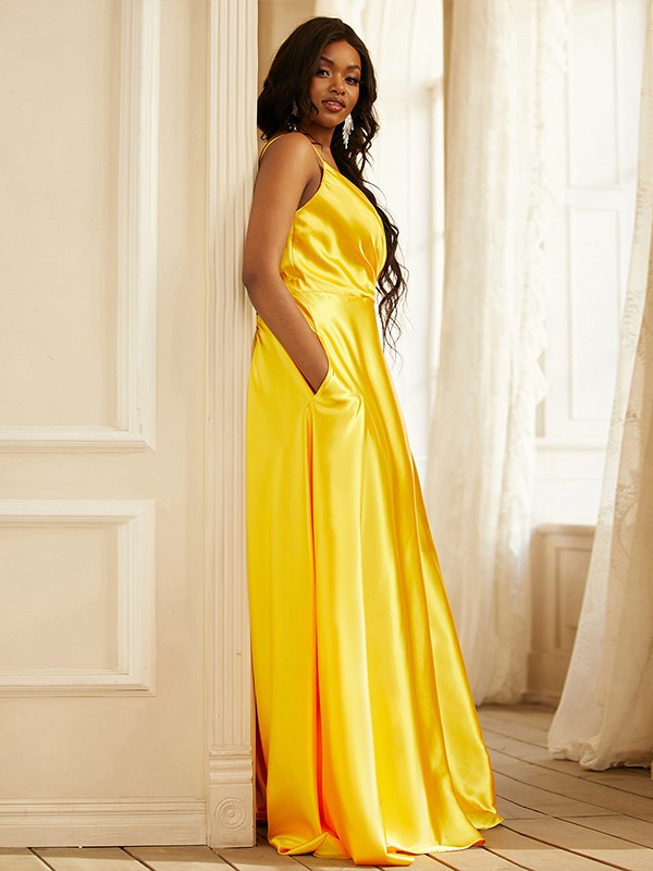 A-Line/Princess Silk like Satin Ruched V-neck Sleeveless Sweep/Brush Train Dresses