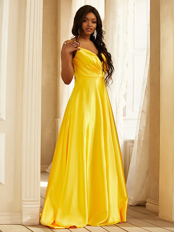 A-Line/Princess Silk like Satin Ruched V-neck Sleeveless Sweep/Brush Train Dresses